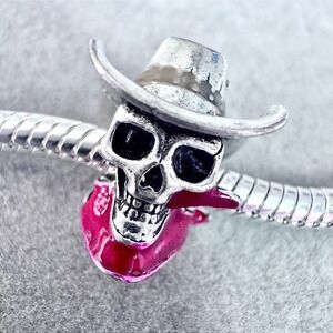 Pandora Silver Skull Charm with Pink Accent